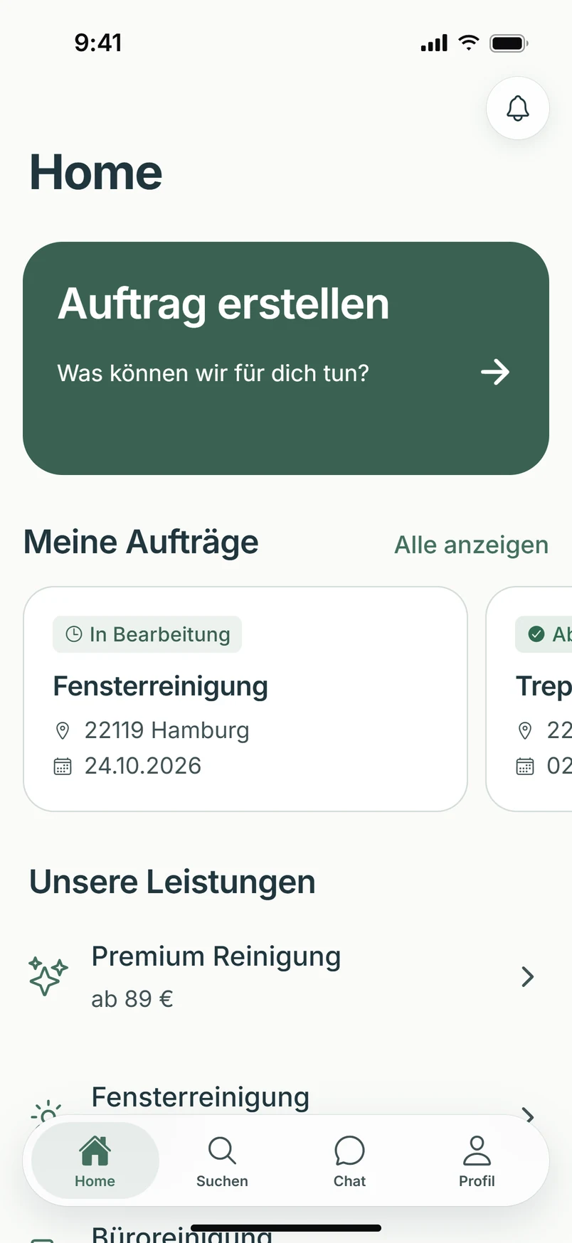 Startansicht der GO Service App mit „Auftrag erstellen“