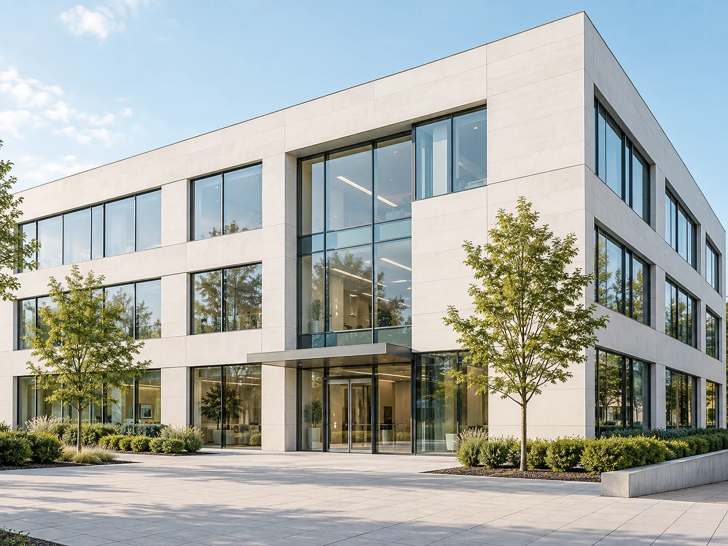 Modernes helles Bürogebäude mit Natursteinfassade und großen Glasflächen, illustrative Architekturaufnahme