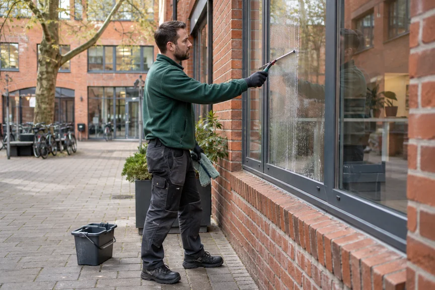 Fensterreinigung mit Abzieher an einem Klinkergebäude, illustrative Szene