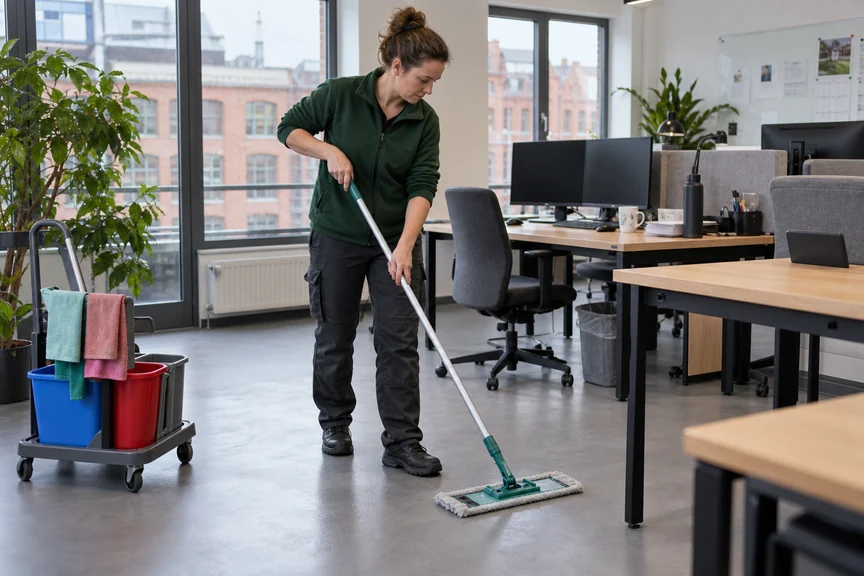 Feuchtwischen eines Bürobodens mit einem Flachmopp – illustrative Szene